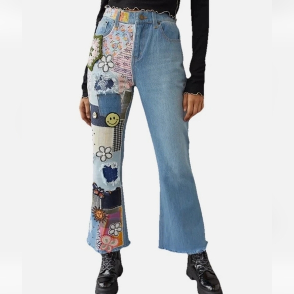 BDG Denim - Urban Outfitters BDG Womens High Rise Patchwork Boho Flare Raw Hem Jeans Sz 27